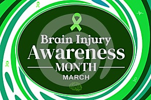 March is Brain Injury Awareness Month, colorful green shapes with ribbon and typography