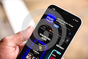 March 16, 2021, Brazil. In this photo illustration the Amazon Music logo in App Store seen displayed on a smartphone screen