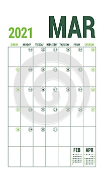 March calendar 2021. English calender template. Vector grid. Office business planning. Creative design. Olive green color