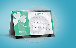 March 2024 Calendar with Shamrock Icon Isolated on blue background with space for copy photo