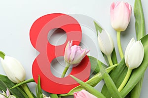 8 March card design with tulips on light grey background, flat lay. International Women`s Day