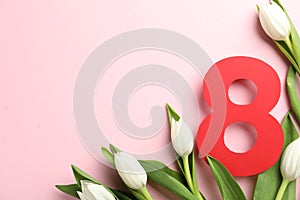 8 March card design with tulips and space for text on pink background, flat lay. International Women`s Day