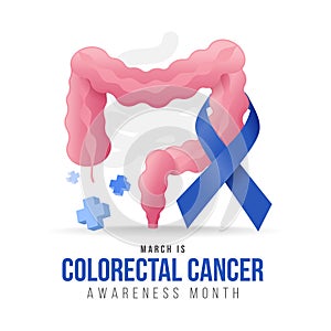 March is Colorectal Cancer Awareness Month - Blue ribbon awareness cross pink colorectal sign and 3d cross around vector design