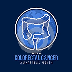 March is Colorectal Cancer Awareness Month - White line colorectal sign on circle blue globe earth sign on dark blue background