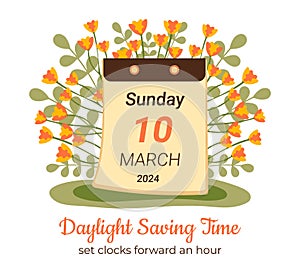 March 2024 Daylight Saving Time begins concept. Spring forward, set your clocks ahead hour. DST starts in USA poster for reminder photo