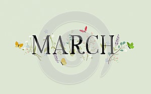 March with decorations, butterflies and flowers