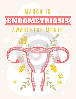 March is Endometriosis awareness month. Uterus on floral background. Vector illustration in flat cartoon style