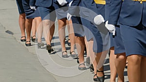 March female leg step officers police victory parade. Soldier skirt uniform 4K.