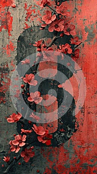 8 march floral grunge background, woman day phone wallpaper with number eight and red flowers on textured concrete