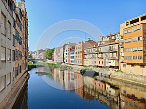 Hanging houses of Onyar, Girona. Panoramic view of the river and old town of the Catalan city of