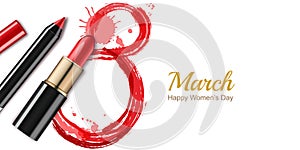 8 March greeting card, International Women`s Day. Red lipstick, pencil, watercolor number eight.