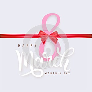 8 March. Happy International Women`s Day. Decoration red bow with horizontal ribbon on white background. Ideal for social media,