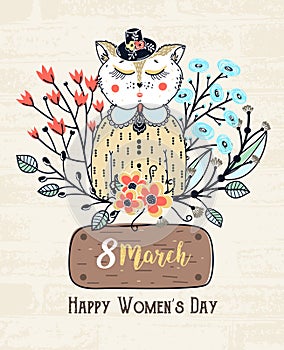 8 march. Happy Women`s Day. Colorful greeting background with cute cat in flowers. Spring holiday. Sketch of animal