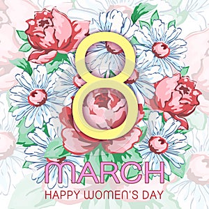 8 March, happy women`s day greeting card, holiday vector floral banner. Yellow 8 on a hand drawn floral ornament from flowers of