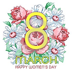 8 March, happy women`s day greeting card, holiday vector floral banner. Yellow 8 on a hand drawn floral ornament from flower of r