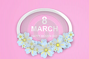 8 March. Happy Women`s Day. pink-white Paper cut Floral Greeting