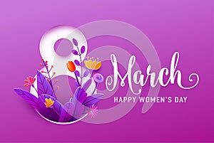 8 march, happy womens day greeting banner vector illustration in 3d paper cut style. Big number eight with spring photo