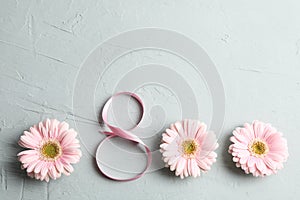 8 March, International Women`s Day. Figure eight of pink ribbon with beautiful gerbera flowers on gray background