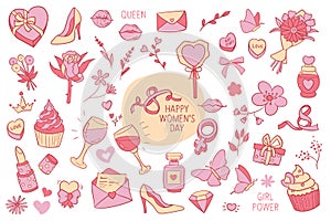 8 march, international women`s day themed vector illustrations set, collection of hand drawn clip art drawings and elements