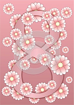 March 8, International Women's Day card. The Big Eight in flowers on a pink background.