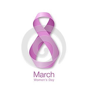 March 8 - International Womens Day Design of greeting card. Realistic pink purple ribbon background. Vector illustration