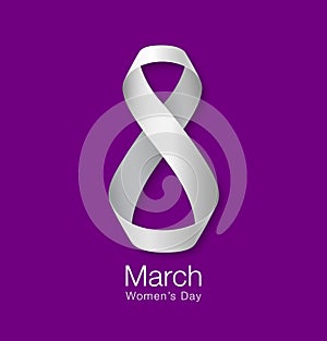 March 8 - International Womens Day Design of greeting card. Realistic white ribbon on purple background. Vector
