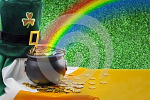 March meme, Ireland national day and Happy St Patrick`s concept with green leprechaun hat with shamrock, pot of gold at the end o