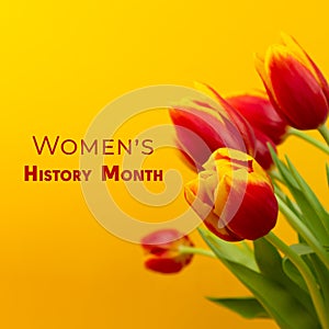 March is the month of women's history. Bouquet of yellow-red tulips with a female sign.