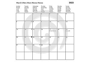March Multilingual year 2023 calendar