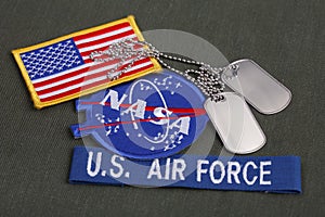 15 March 2018 - The National Aeronautics and Space Administration (NASA) emblem patch, dog tags, US AIR FORCE branch tape and US