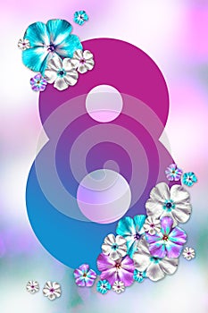 8 March pink-blue floral greeting postcard. Abstract spring poster. Happy Women`s Day.