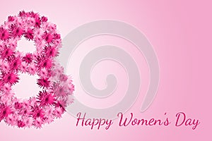 8 March pink floral greeting postcard. Abstract spring poster. Happy Women`s Day.