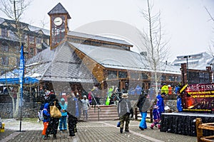 March 24, 2018 South Lake Tahoe / CA / USA - People gatheres around the Heavenly Ski Gondola starting point on a morning with