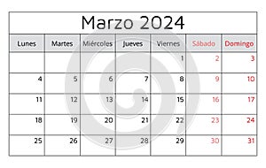 March 2024 SPANISH calendar (Marzo). Vector illustration. Monthly planning for business in Spain photo