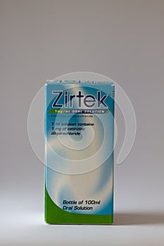 Zirtek bottle container, a potent second-generation antihistamine used in the treatment of hay fever, allergies, and urticaria