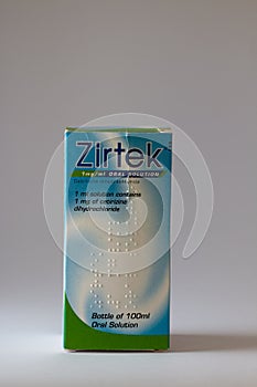 Zirtek bottle container, a potent second-generation antihistamine used in the treatment of hay fever, allergies, and urticaria