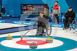 2018 March 13th. Peyongchang 2018 Paralympic games in South Korea. Wheelchair curling session. NPC - team Russia