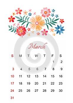 March. Vector calendar template for 2019 year with beautiful composition of embroidery flowers.