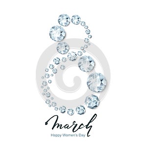 8 March vector greeting card, International Women`s Day. Number eight 3d silver diamonds, gems, jewels and lettering. photo