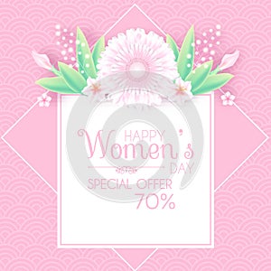 8 March. Women`s Day Greeting and Invitation with Soft Flowers. Cute Card Design Template for Birthday, Anniversary