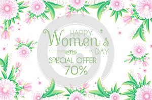 8 March. Women`s Day Greeting and Invitation with Soft Flowers. Cute Card Design Template for Birthday, Anniversary