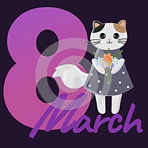 8 March Womens Day greeting card with a cute cartoon cat. Vector background