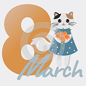 8 March Womens Day greeting card with a cute cartoon cat. Vector background