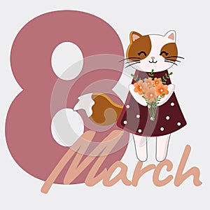 8 March Womens Day greeting card with a cute cartoon cat. Vector background