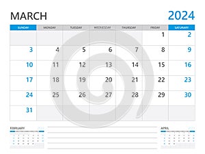 March 2024 year, Calendar planner 2024 and Set of 12 Months, week start on Sunday. Desk calendar 2024 design, simple and clean photo