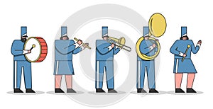 Marching band cartoons. Military orchestra members with music instruments wearing uniform