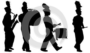 Marching band playing instruments silhouettes