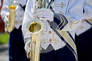Marching band playing saxaphones