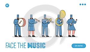 Marching band template landing page. Military orchestra performing for festival or parade