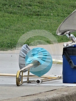 Marching band trombones with bell covers during Corona Time 2020